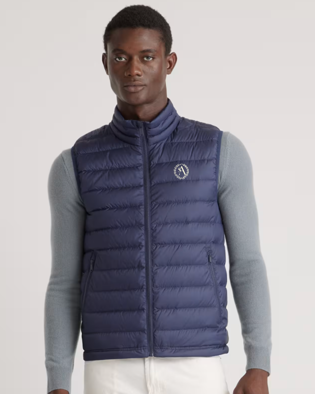Men's Navy Lightweight Down Packable Puffer Vest with Embroidered Crest