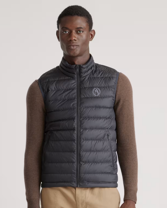 Men's Black Lightweight Down Packable Puffer Vest with Embroidered Crest